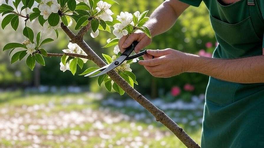 "Gardener pruning a white flowering tree with shears in a sunny garden." 