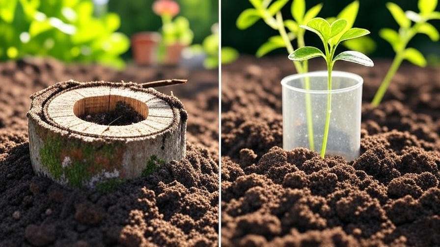 "Comparison of moldy and healthy tree tube with sapling in garden" 