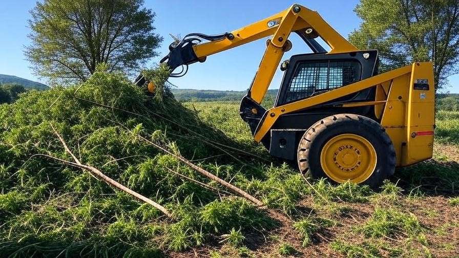 "Hydraulic tree shear on a skid steer clearing dense trees in an open field." 