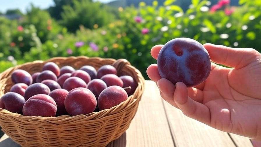 Hand inspecting ripe Methley plums with a basket of harvested fruit in a garden." 
