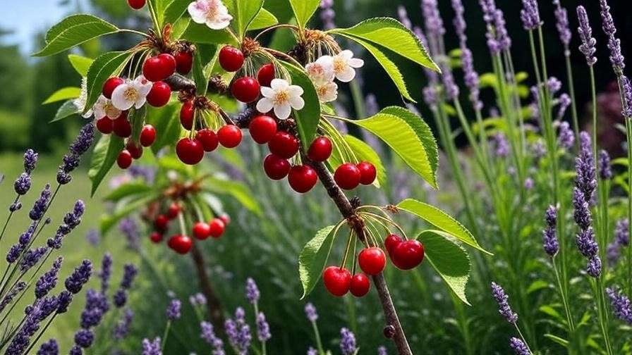 "Nanking cherry plant with bees and ripe cherries in pollinator garden". 