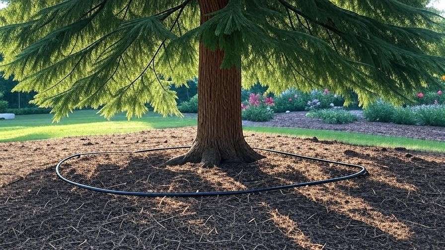  "Well-maintained Blue Atlas Cedar with mulch and drip irrigation in a garden". 