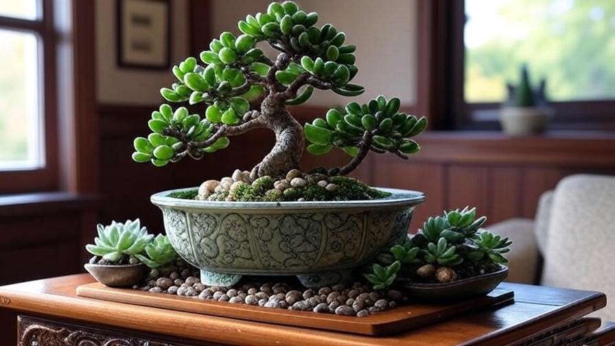 "Jade tree bonsai display with pebbles, moss, and other succulents on a wooden stand." 