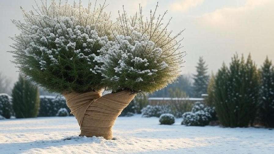 "White flowering tree wrapped in burlap for winter protection in a snowy garden." 