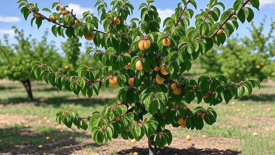 "Apricot tree with thinned fruit in a sunny orchard. 