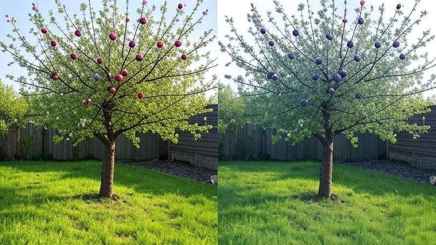 "Seasonal care infographic of a Methley plum tree with pruning and watering tasks." 