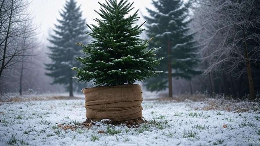 : "Blue Spruce wrapped in burlap for winter protection in a snowy forest".