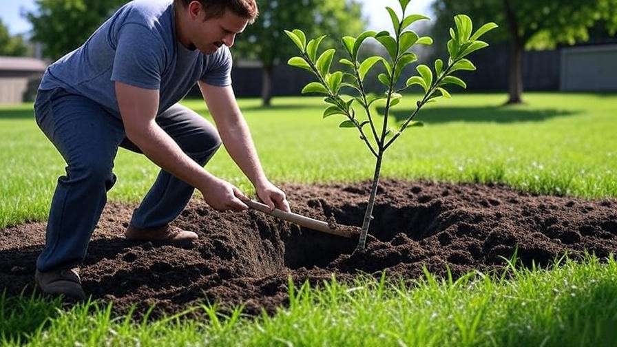  "Step-by-step planting of a fruit tree in a backyard." 