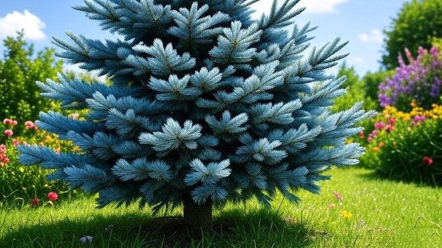 "Healthy Blue Spruce thriving in a well-drained sunny garden spot". 