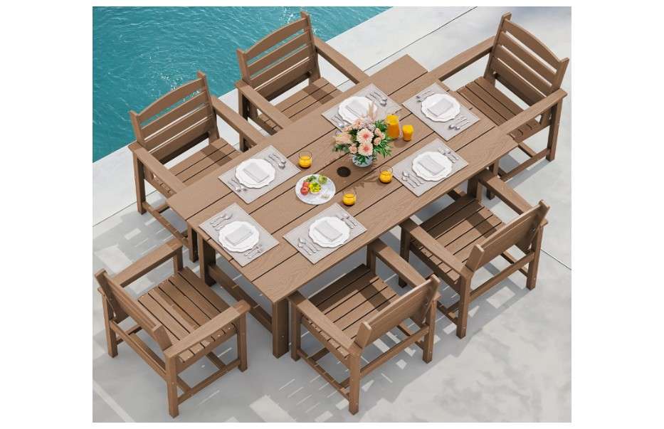  SERWALL 7-Piece Patio Outdoor Table & Chairs, HDPE Dining Set with Umbrella Hole & All-Weather Design for Lawn, Backyard, Poolside, Brown