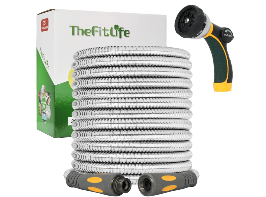 
TheFitLife Flexible Metal Garden Hose - 75 FT Lightweight Stainless Steel Water Hose with Solid Fittings and Sprayer Nozzle - Leak Proof, Kink Free