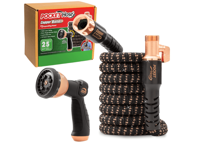 
Pocket Hose Copper Bullet Expandable Garden Hose 25 FT w/10 Pattern Thumb Spray Nozzle AS-SEEN-ON-TV 650psi 3/4 in Patented Lead-Free Ultra-Lightweight