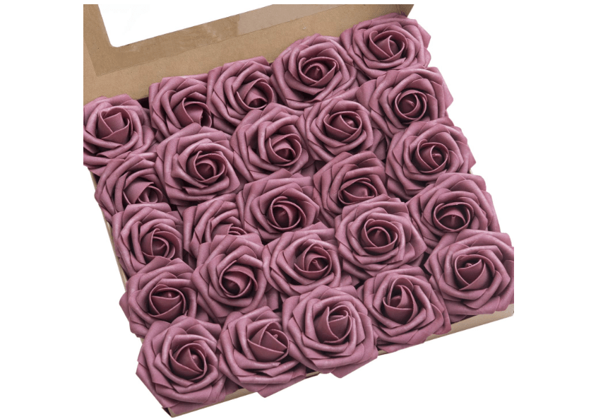 Ling's Moment Artificial Flowers 25Pcs Mauve Roses Decor w/Stems,3" Real Touch DIY Foam Floral for Wedding Bouquet/Centerpieces, Outdoors Party