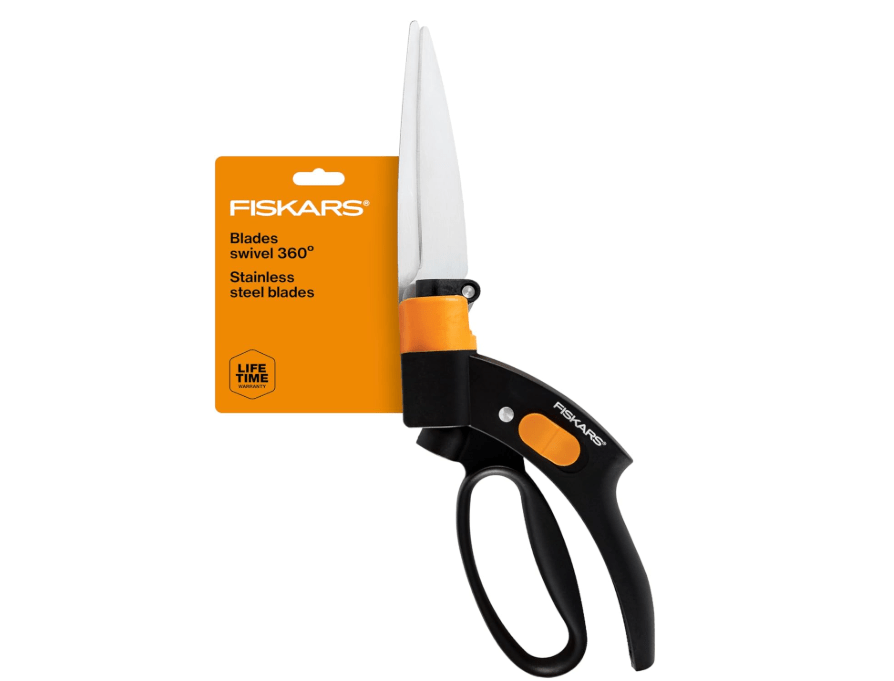 
Fiskars Shear Ease Grass Shears - 5" Stainless Steel Blades - 360-Degree Swivel Blade Plant Cutting Scissors - Garden Shears and Grass Cutter, Black