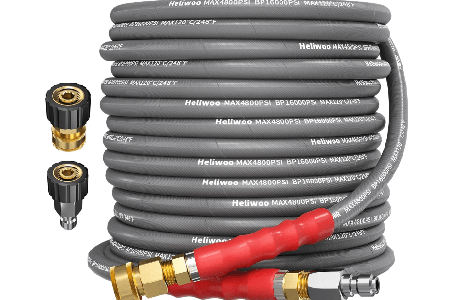 Heliwoo 3/8'' Pressure Washer Hose 50 FT, Hot and Cold Water Power Washer Hose Max 248°F, Commercial Industrial Grade Steel Wire Braided Kink Proof