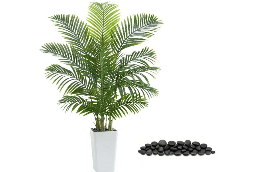 
TNGGNT Artificial Palm Tree：5FT Tropical Fake Silk Plant UV Resistant Faux Areca Palm with White Planter & Black Pebbles for Home Office Living Room