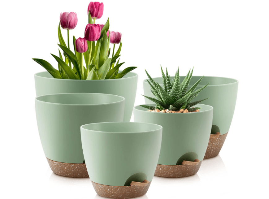 
QRRICA Plant Pots 10/9/8/7.5/7 Inch Self Watering Pots, Set of 5 Plastic Planters with Drainage Holes and Saucers,Plastic Flower Pots,Nursery