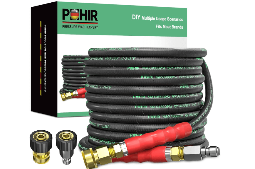 
POHIR 3/8" Pressure Washer Hose 50 FT for Cold and Hot Water Max 248°F with Quick Connect, 4800psi Kink Resistant Industry Grade Steel Wire Braided