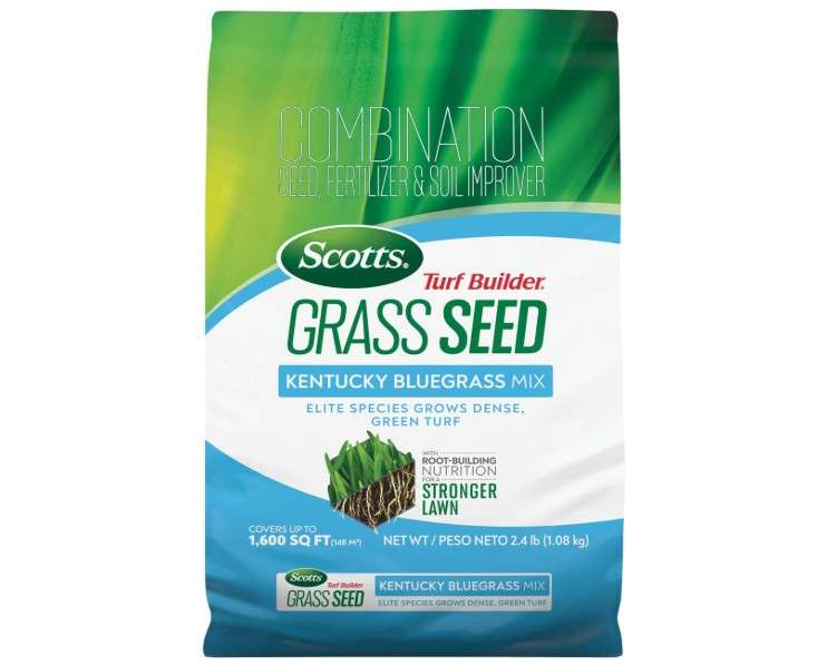  Scotts Turf Builder Grass Seed Kentucky Bluegrass Mix with Fertilizer and Soil Improver, Grows Dense, Green Turf, 2.4lbs.