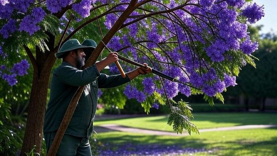 "Gardener pruning a vibrant purple-flowering jacaranda tree in a sunny garden for healthy blooms." 
