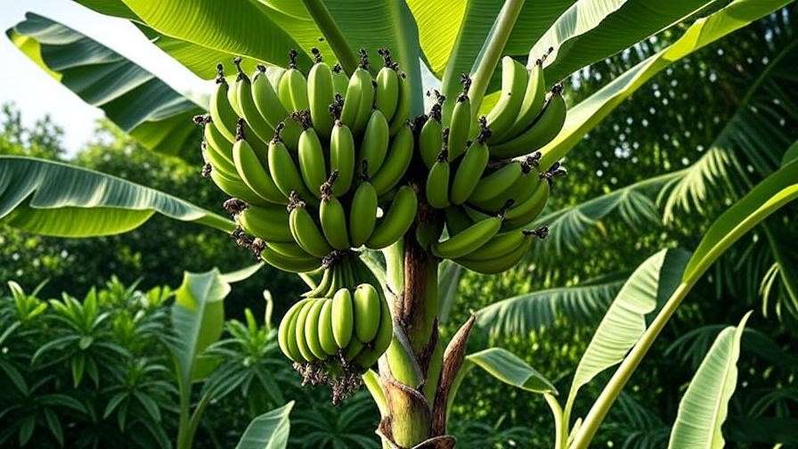  "Thriving Musa banana tree with ripe and unripe bananas in a sunny tropical garden".
