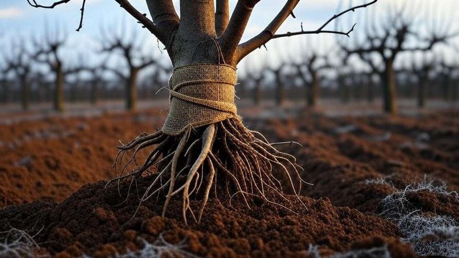 Bare root fruit tree with exposed roots in a dormant orchard under a winter sky. 
