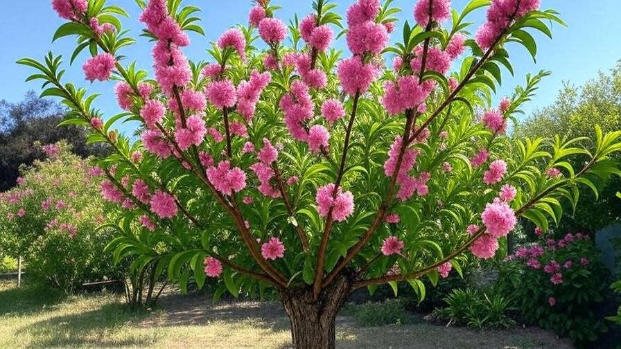 "Vibrant Reliance peach tree in full bloom with pink blossoms and green leaves in a sunny garden." 