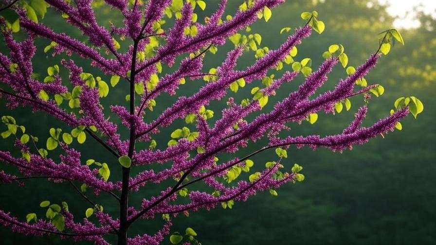 "Vibrant Eastern Redbud tree with pink-purple blooms in a woodland garden." 