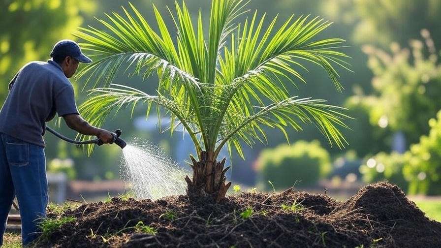  "Gardener planting a mule palm tree with compost and water in a sunny garden." 