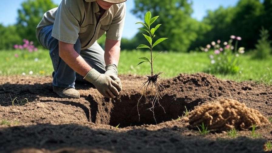  "Gardener planting a Van cherry tree sapling with compost in a sunny garden."
