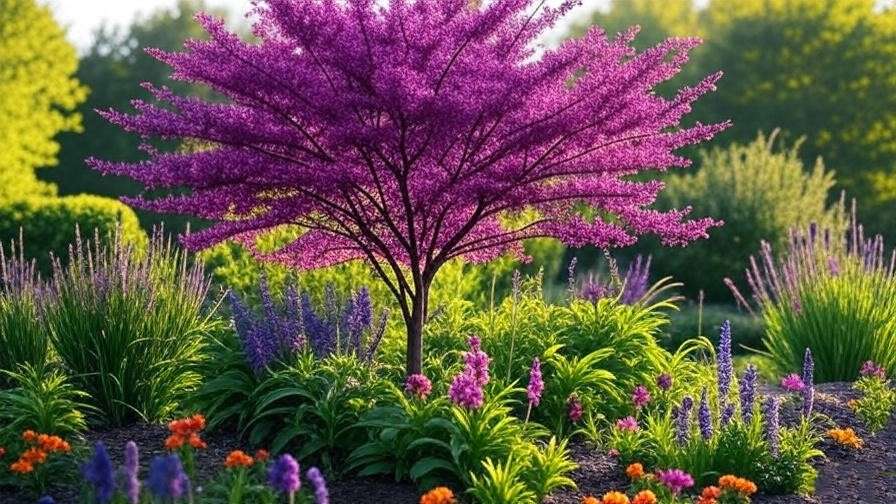 "Purple-flowering redbud tree with lavender and salvia companion plants in a thriving garden."