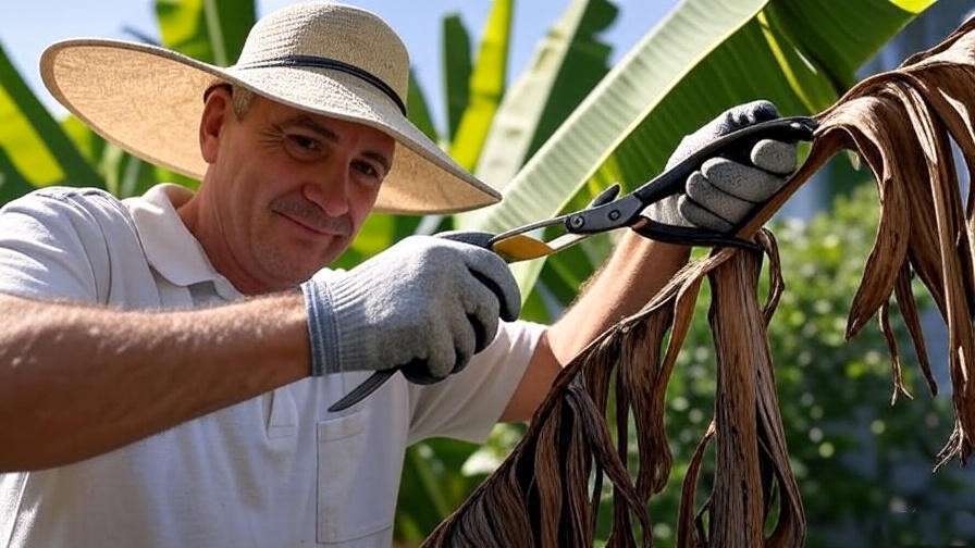 "Gardener pruning a healthy Musa banana tree in a bright garden". 