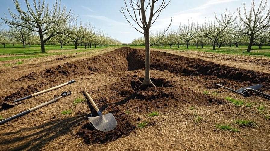 Prepared planting site with hole and bare root fruit tree in a sunny orchard. 