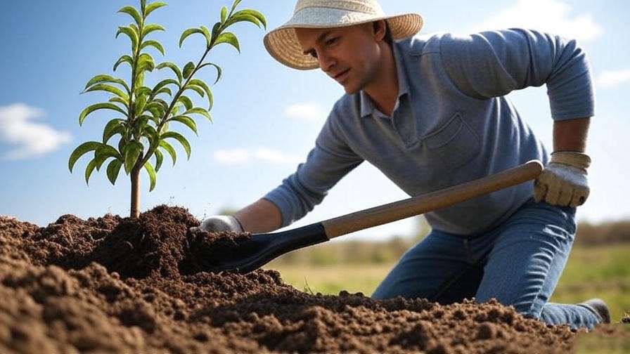 "Gardener planting a young Reliance peach tree in well-draining soil with compost in a sunny garden." 
