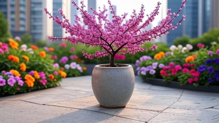  "Chinese Redbud tree in a container on a patio with colorful annuals." 