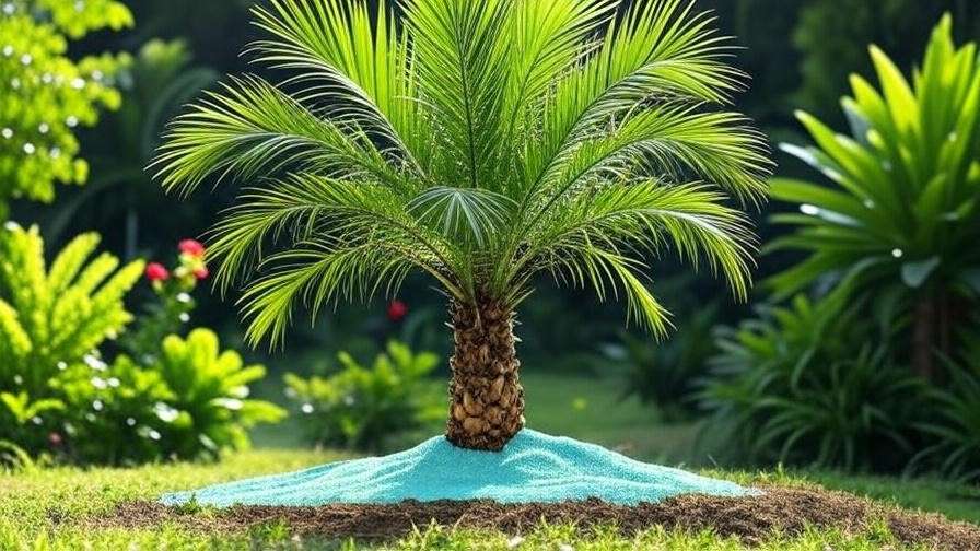  "Mule palm tree fertilized with granules in a tropical garden landscape." 