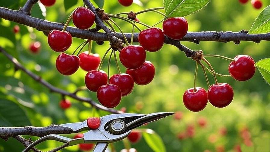 "Close-up of ripe Van cherries on a branch with pruning shears in a garden."