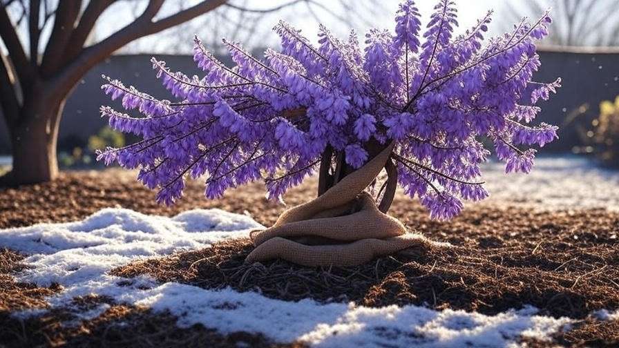 "Young wisteria tree with mulch and burlap wrap for winter frost protection in a garden."