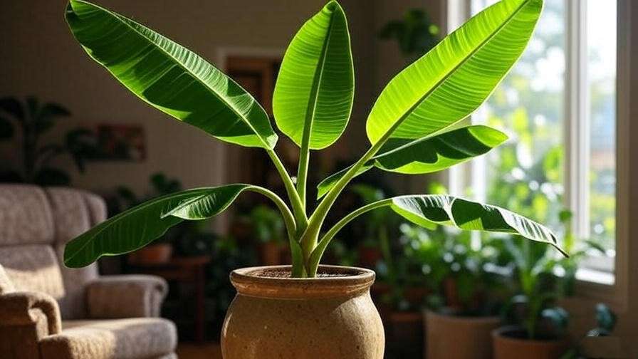 "Potted Musa banana tree thriving indoors near a sunny window". 