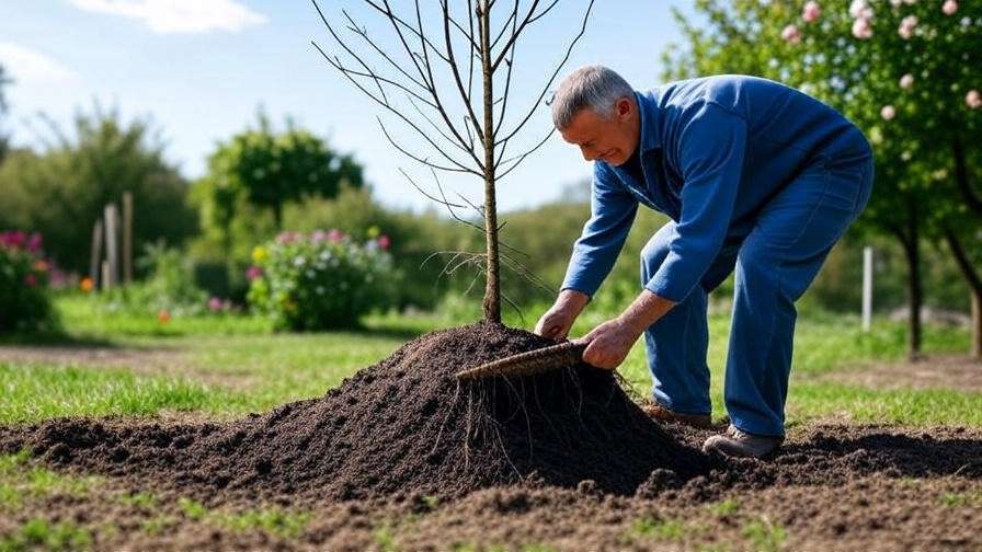  Gardener planting bare root fruit tree with roots spread and graft union visible. 