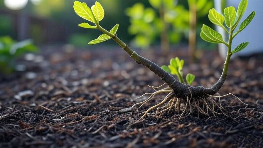  "Young fig tree cutting transplanted with mulch in a garden bed". 