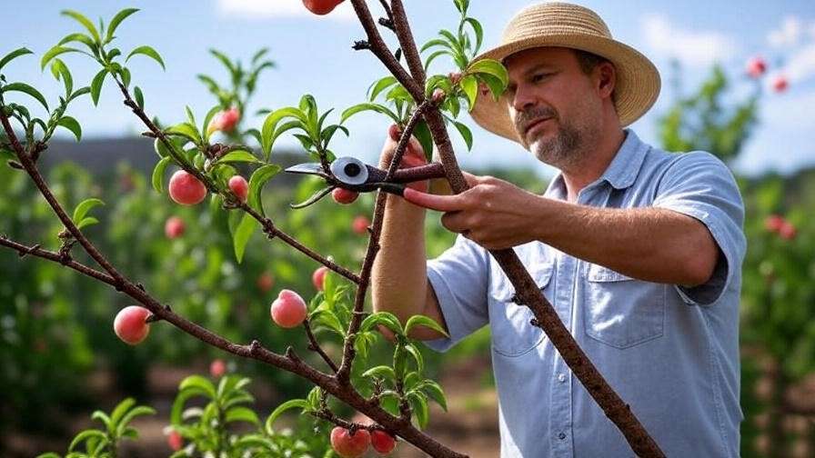 "Gardener pruning a Reliance peach tree with shears using open-center technique in a sunny garden." 