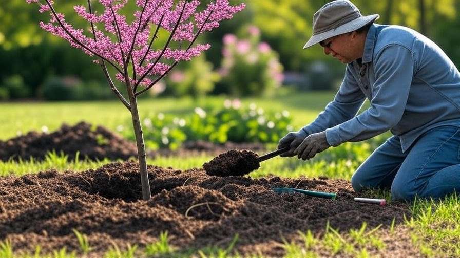 "Gardener planting a redbud tree with tools and mulch in a garden bed." 