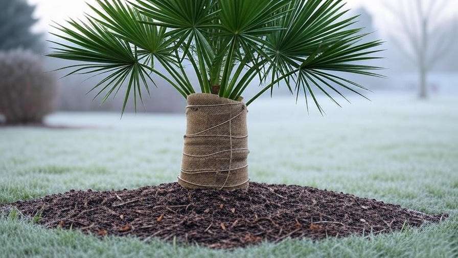 "Mule palm tree protected with burlap and mulch in a winter garden." 