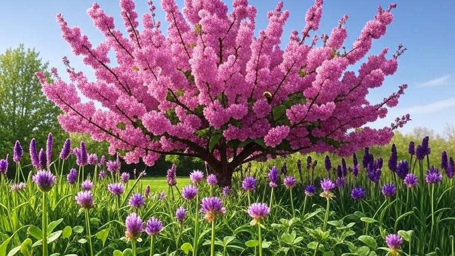 Van cherry tree with bees pollinating among lavender and clover flowers." 