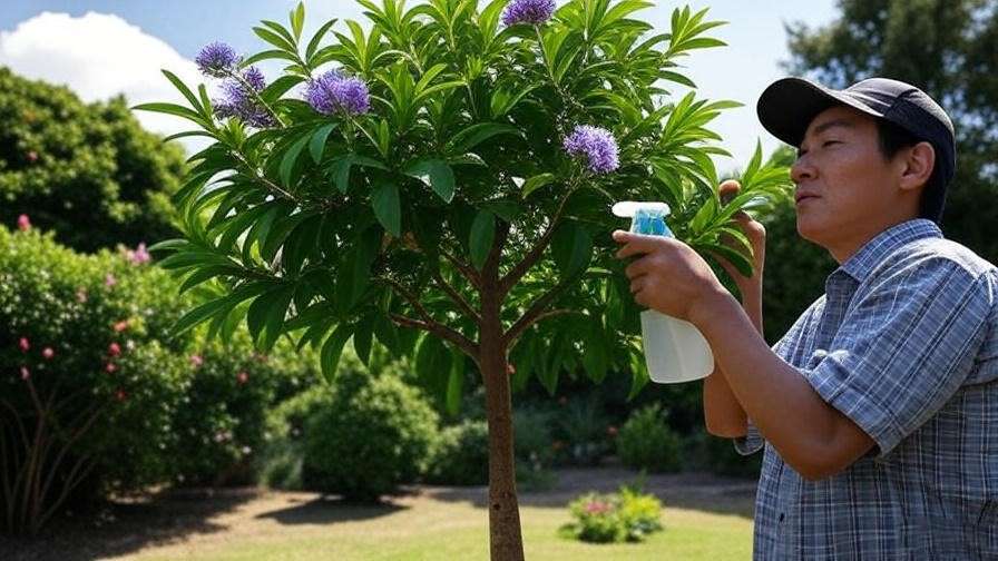 "Gardener treating a purple-flowering empress tree with neem oil for aphid pest control."