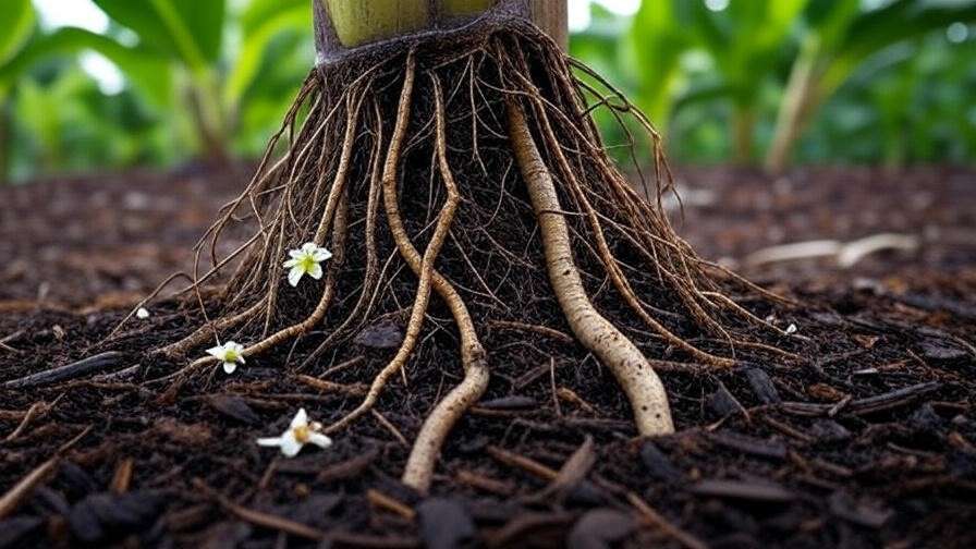  "Close-up of Musa banana tree roots in well-drained soil with mulch".