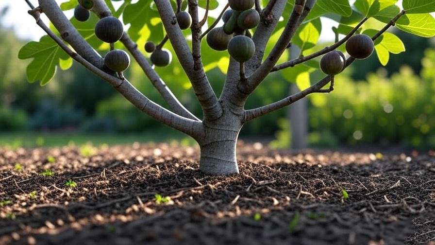 "Mature fig tree with ripe figs and mulch for protection". 