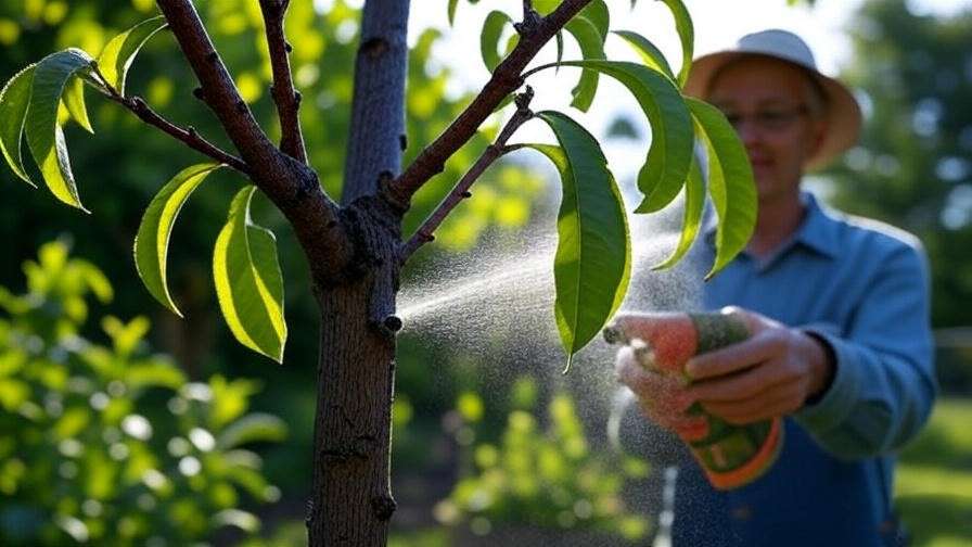 "Reliance peach tree with pest damage and gardener applying organic pest control spray." 