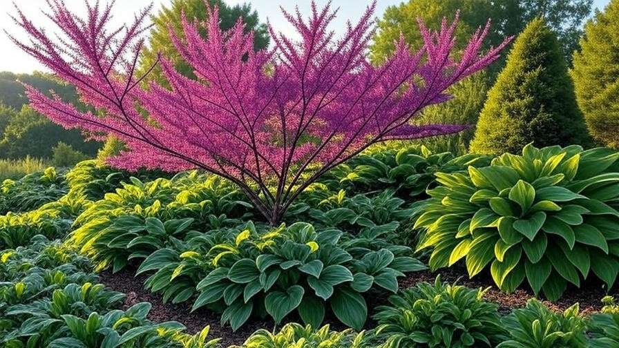  "Mixed border garden with redbud tree and hostas under sunlight." 